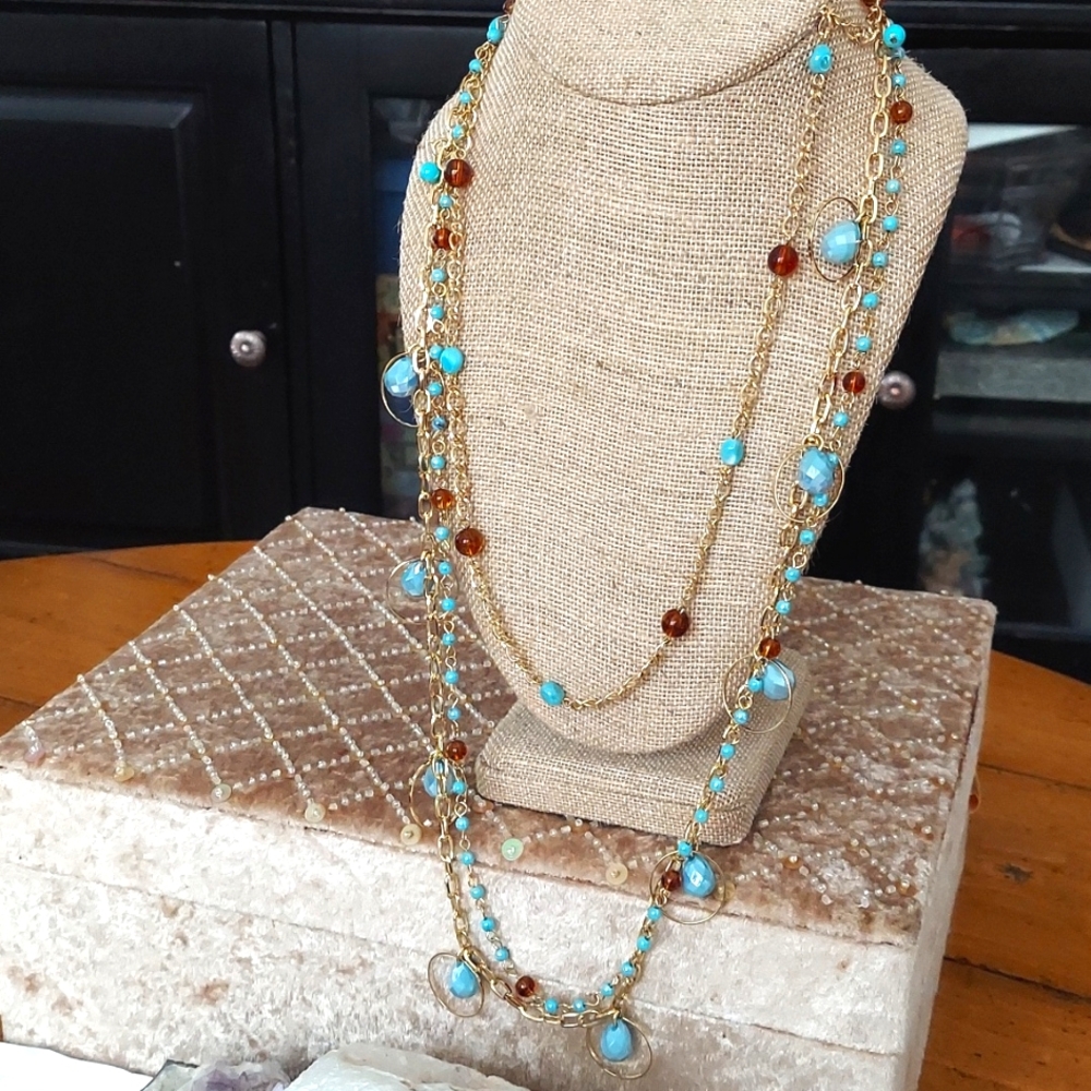 Joan‎ Rivers Tagged 3-Strand Goldtone chains w/amber and blue AB beads